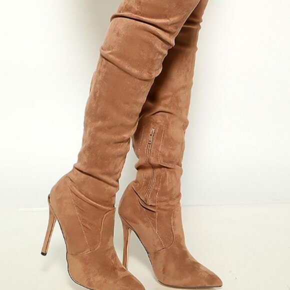 Taupe Suede Pointy Toe High Heel Thigh High Boots - Picture 8 of 9